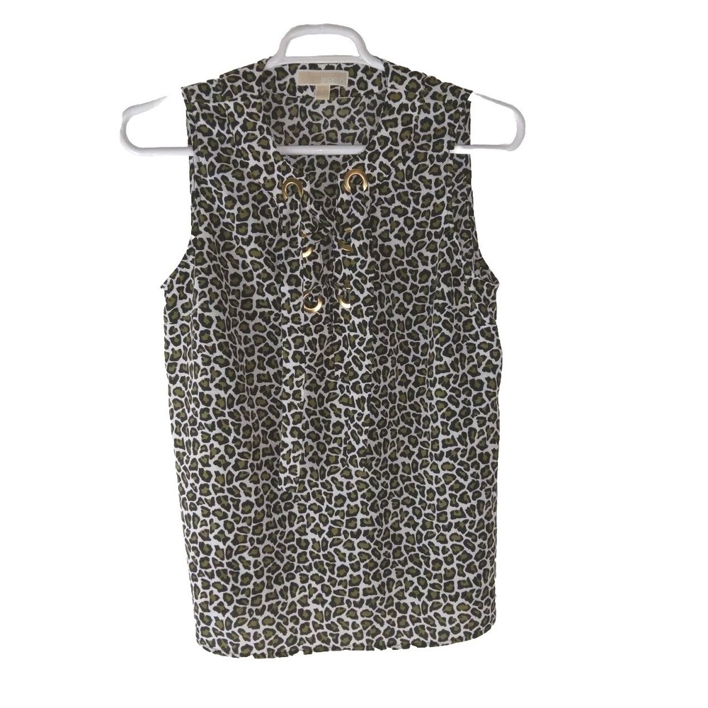 Michael Kors Women's  Animal Print Lace Up  Black Brown Sleeveless Tank Top sz L
